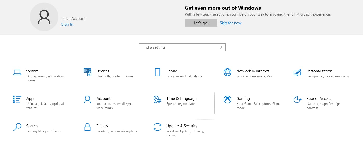 Settings - Time and Language